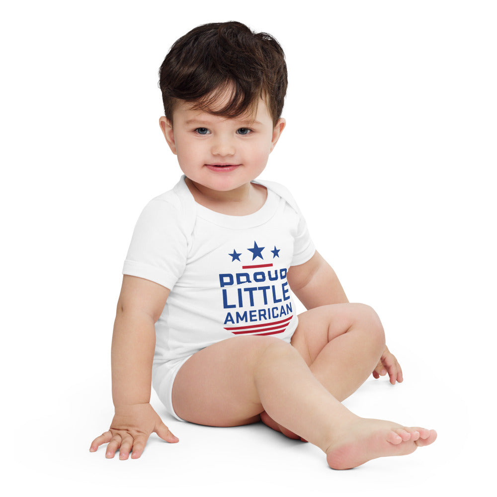 Side profile of a white FOX News baby bodysuit showing the quality stitching and patriotic design.