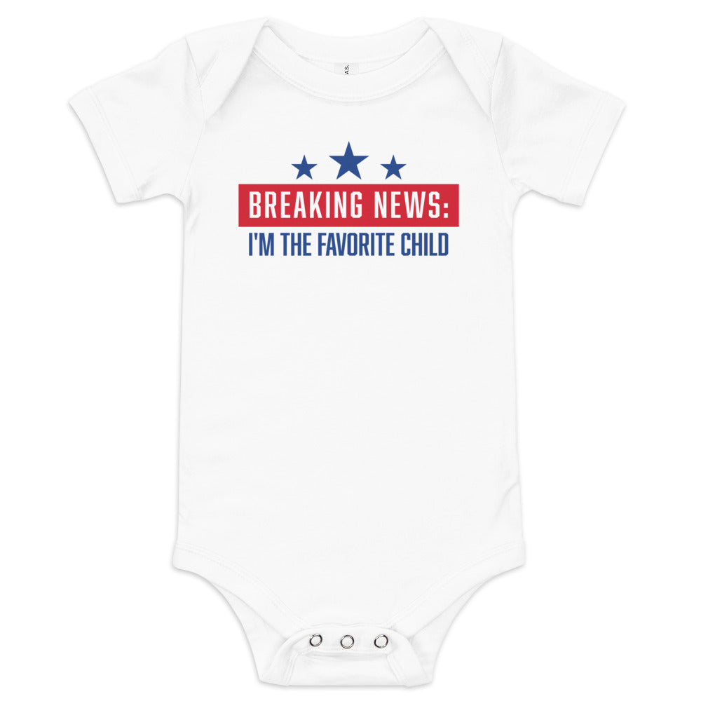 The FOX News logo displayed clearly on the chest of a grey baby one-piece.