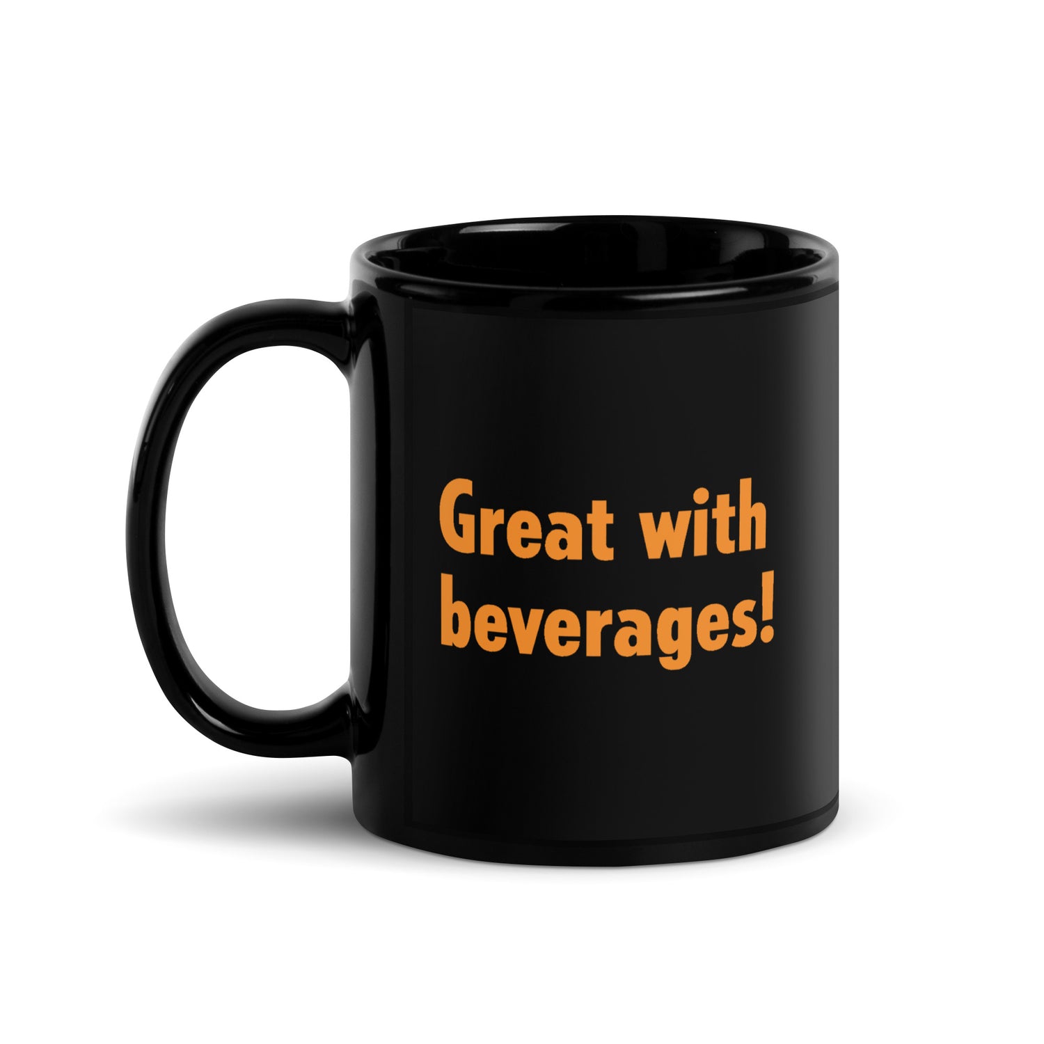 Gutfeld! Great With Beverages black mug in an 11 oz size on a clean kitchen counter.