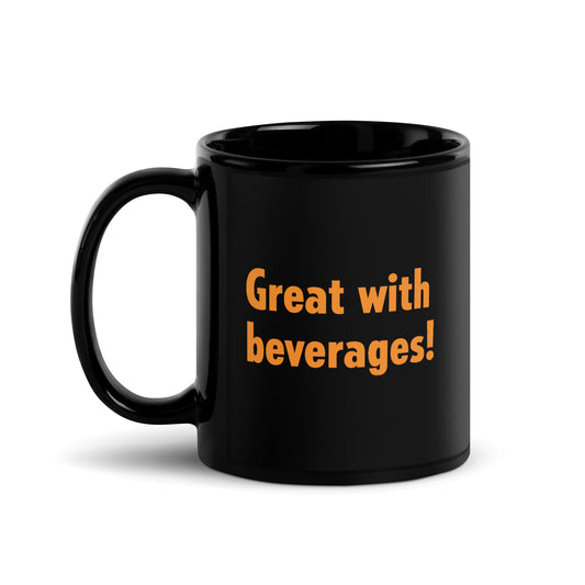 Gutfeld! Great With Beverages black mug in an 11 oz size on a clean kitchen counter.