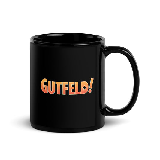 Close-up of the Gutfeld! Great With Beverages graphic on a glossy black ceramic mug.