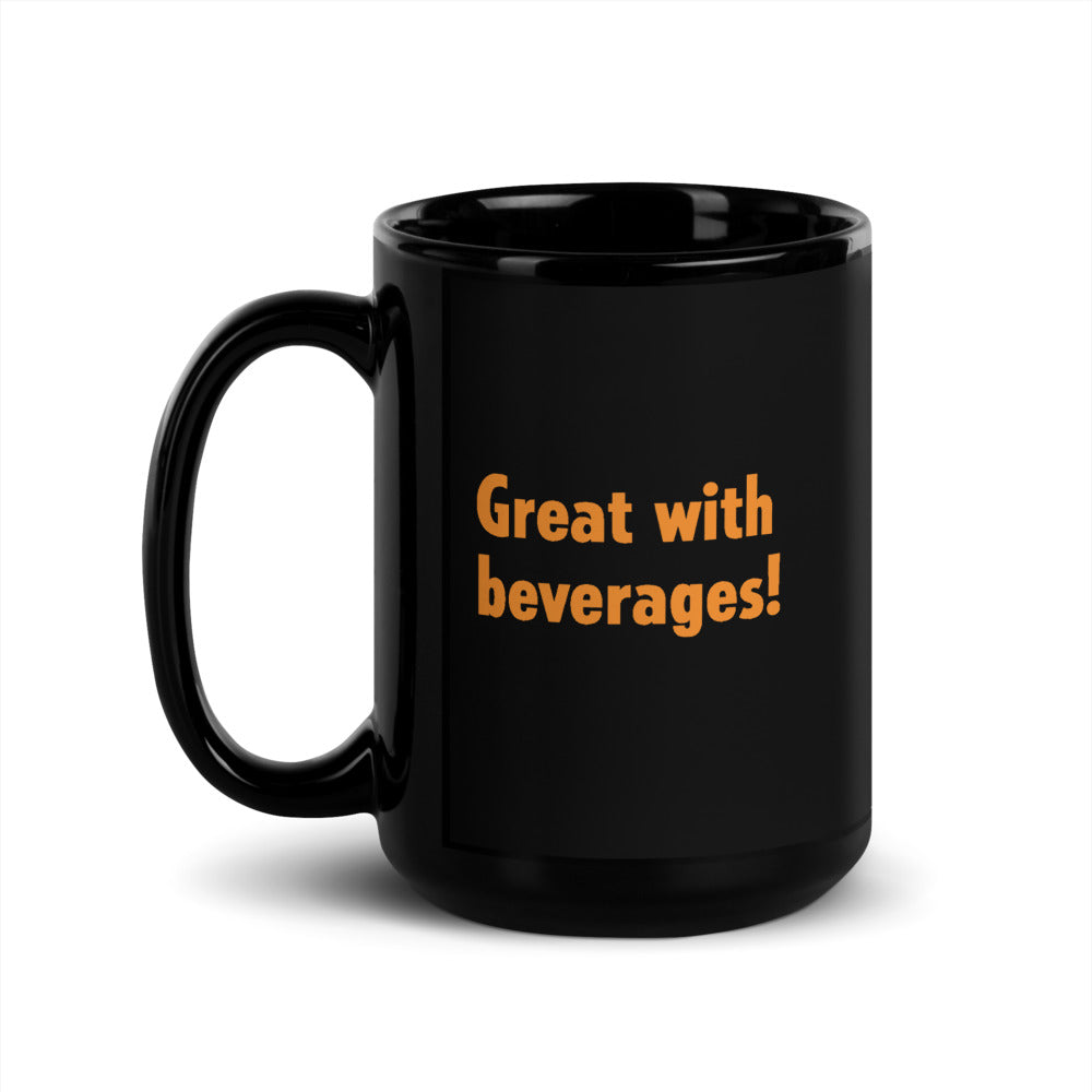 Side view of the sturdy handle on the 15 oz Gutfeld! black glossy mug.