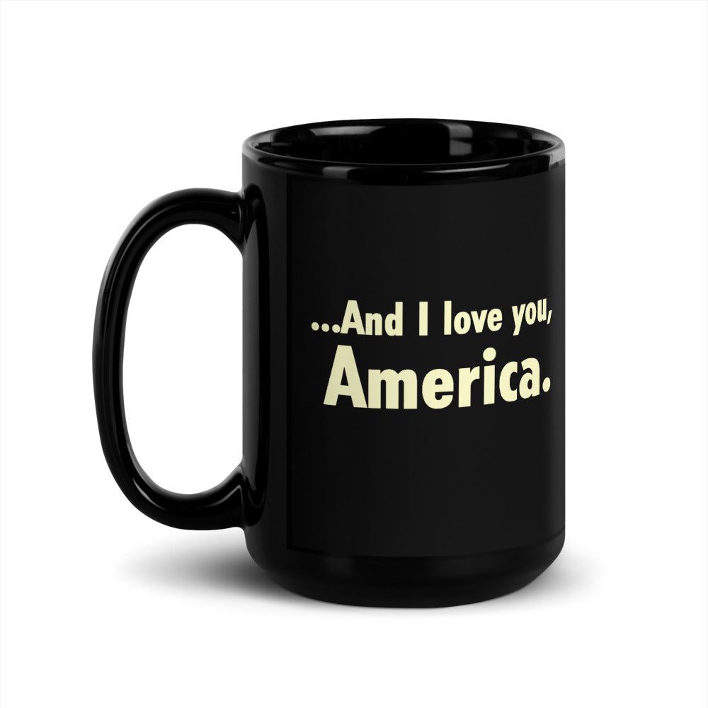 The 11 oz and 15 oz versions of the black Gutfeld! ceramic cup displayed together on a polished wooden desk.