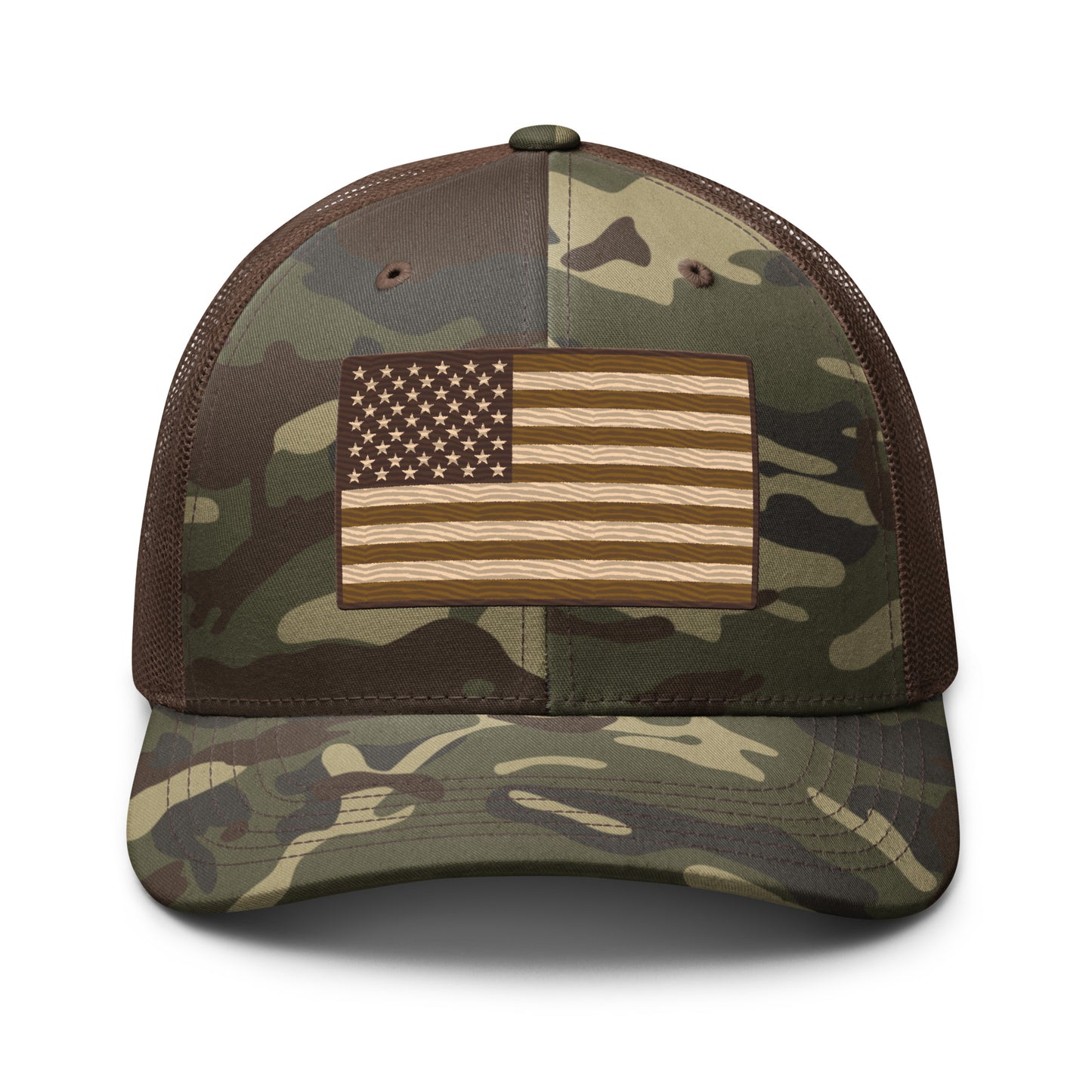 Front view of the FOX News distressed flag camo trucker hat featuring a centered American flag and network logo on a cotton front panel.