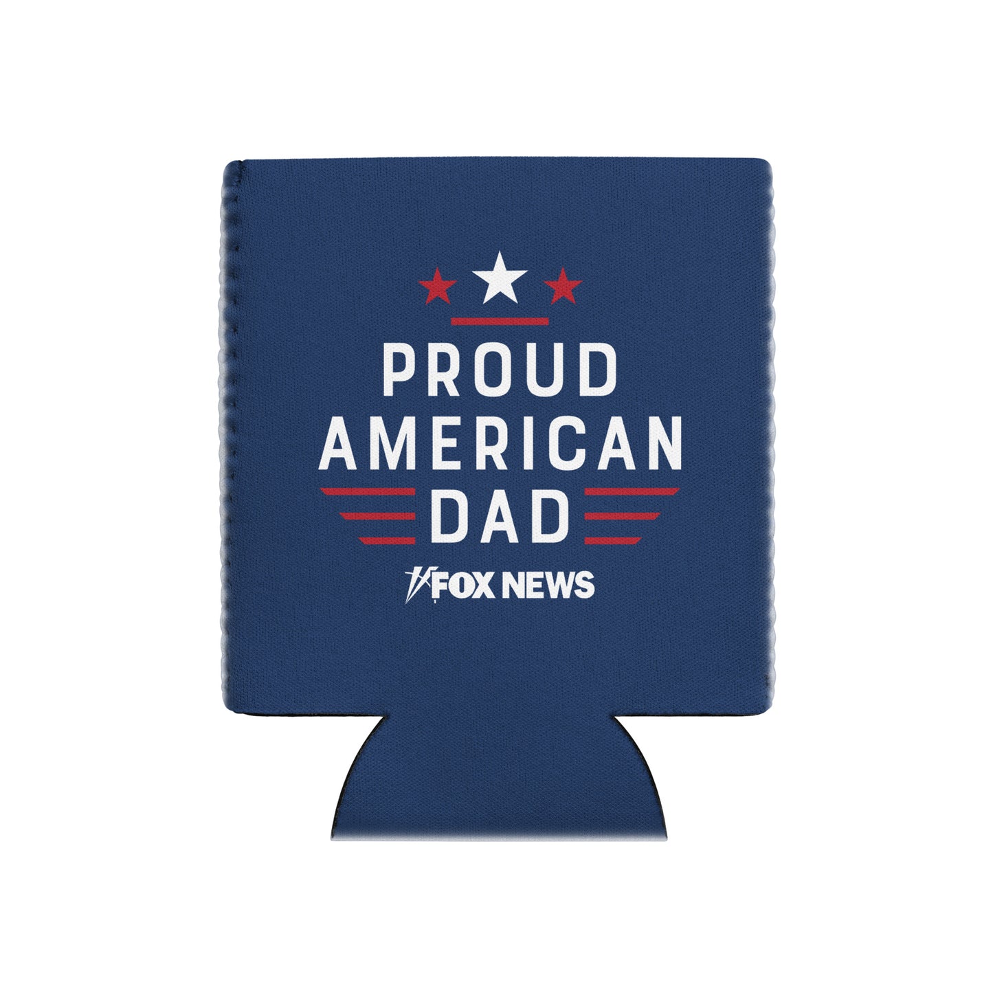 A modern American living room with a FOX News Proud American Dad can cooler resting on a wooden side table next to a comfortable armchair.