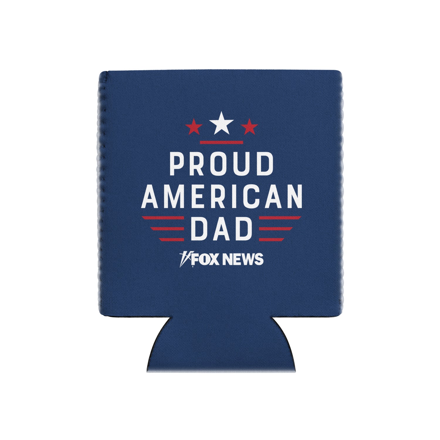 A modern American living room with a FOX News Proud American Dad can cooler resting on a wooden side table next to a comfortable armchair.