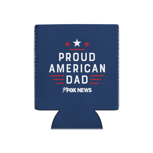 A modern American living room with a FOX News Proud American Dad can cooler resting on a wooden side table next to a comfortable armchair.