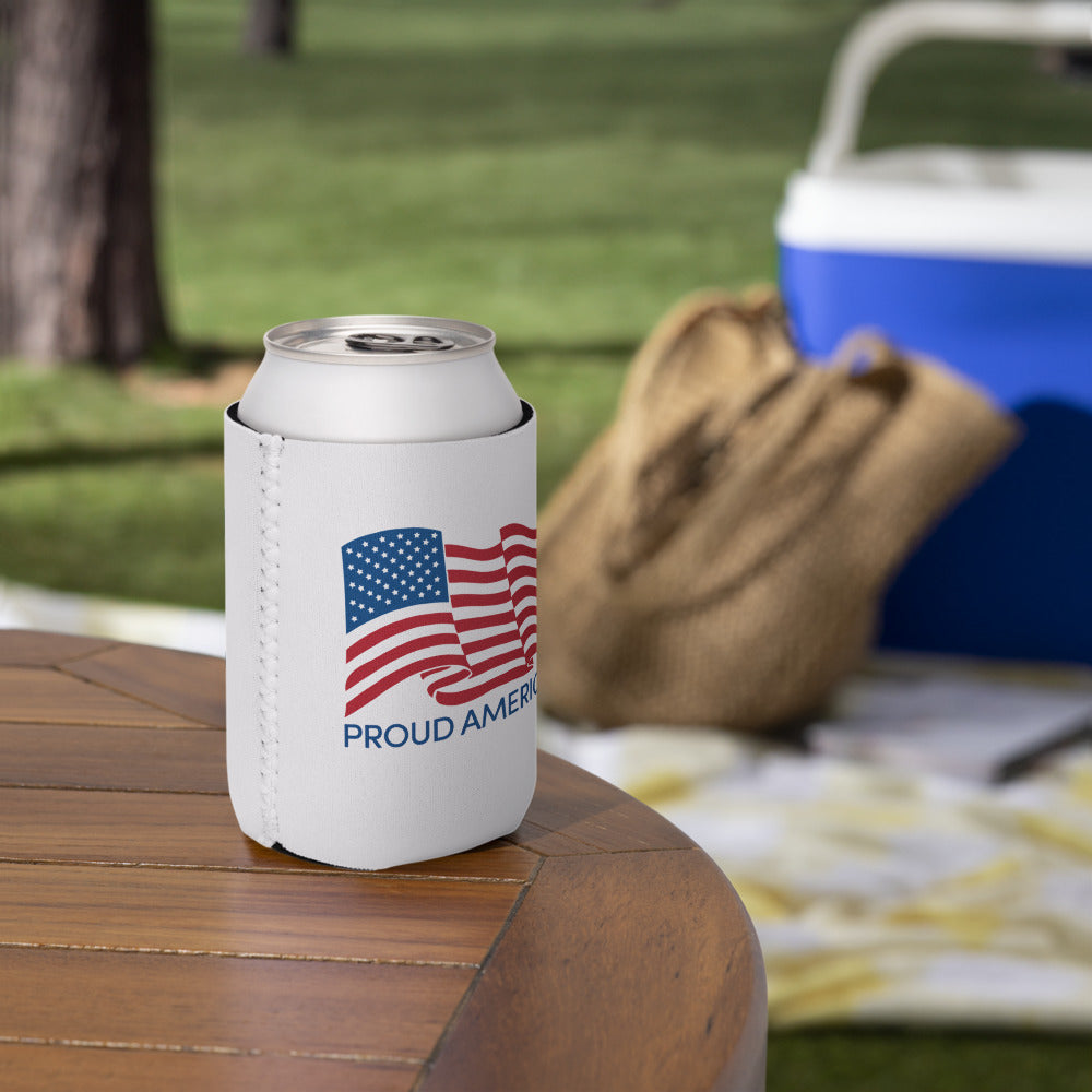 A sunny suburban deck setting featuring the FOX News can cooler resting on a table next to American flag decor.