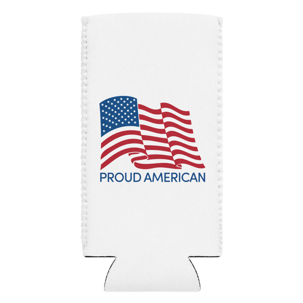 Side angle view of the FOX News Proud American can cooler highlighting its durable insulating material and seamless print quality.