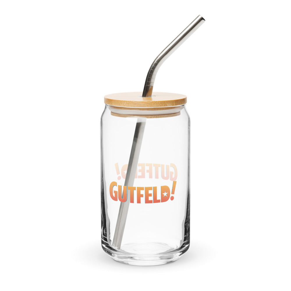 Close up of the crisp Gutfeld! logo on a clear 16 oz can-shaped glass tumbler.