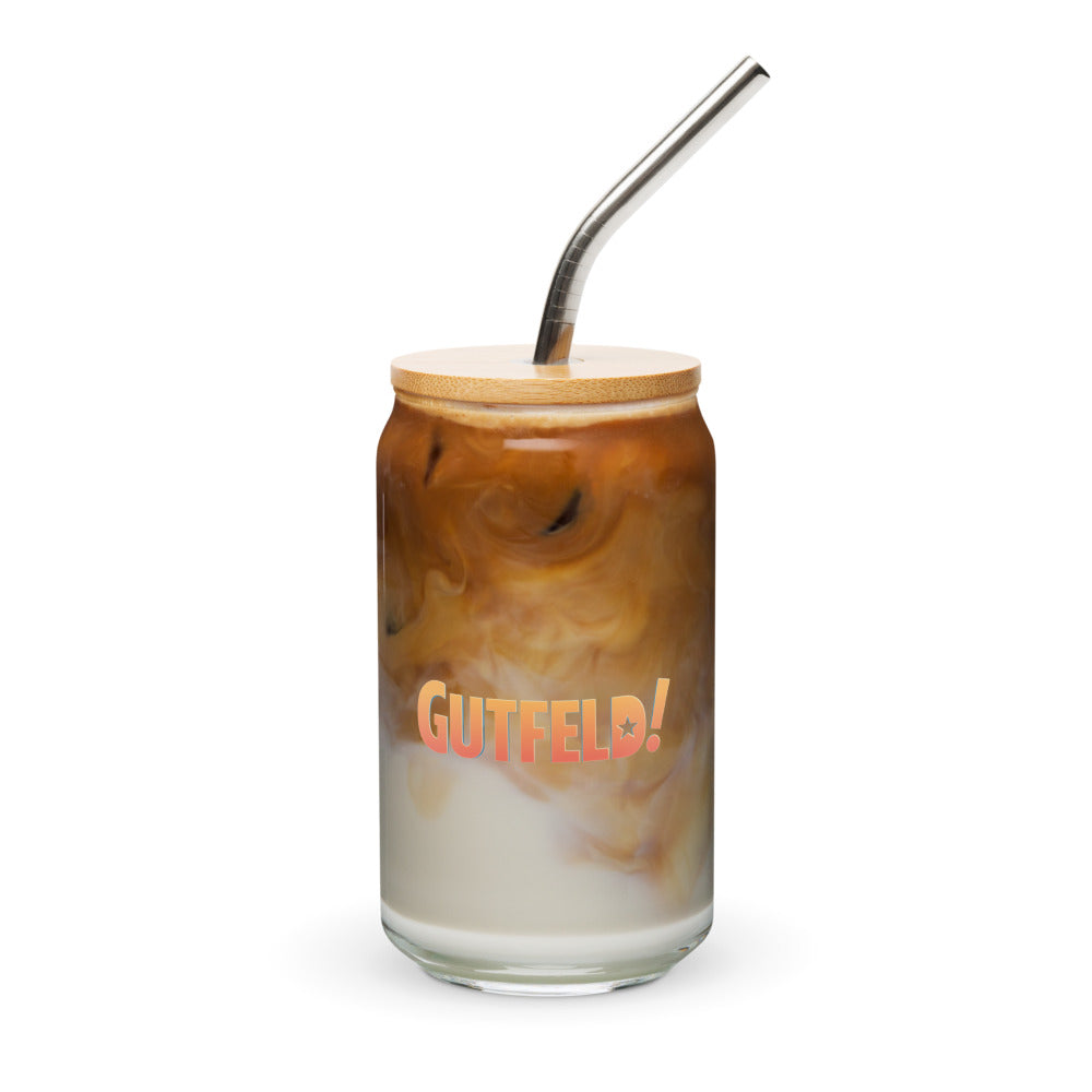 Official Gutfeld! Logo Can Shaped Glass 16 oz shown on a clean kitchen counter in a modern American home.