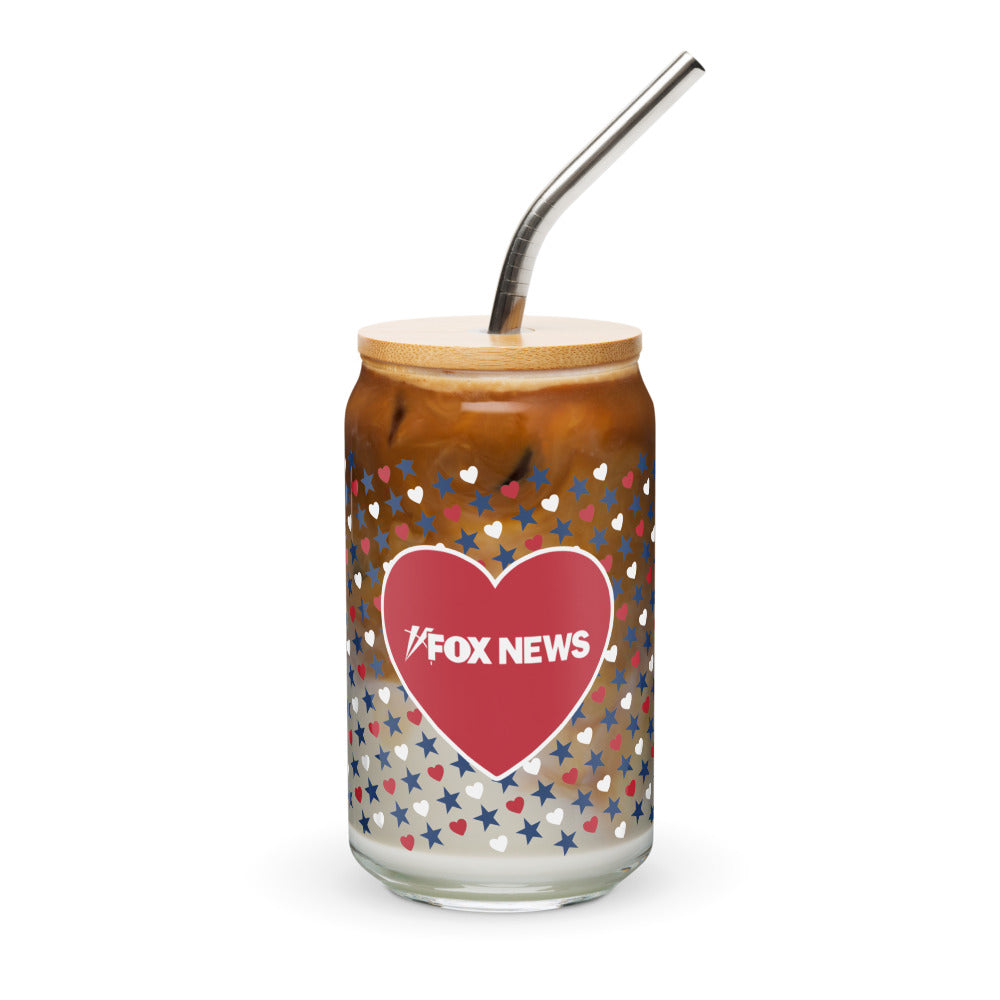 A close-up of the durable glassware highlighting the crisp red, white, and blue hearts and stars pattern against a neutral background.