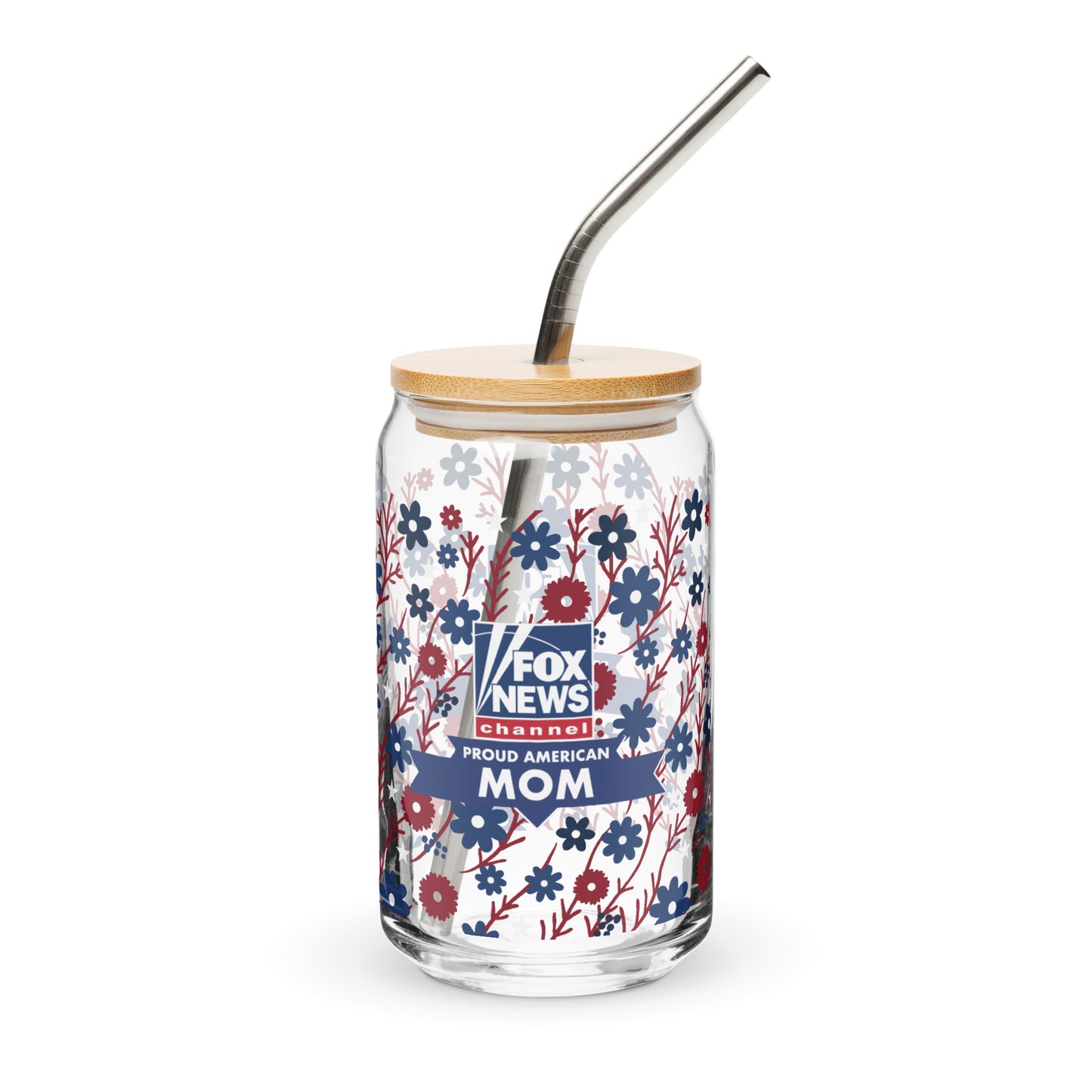 Official FOX News Proud American Mom can shaped glass on a clean suburban kitchen counter.