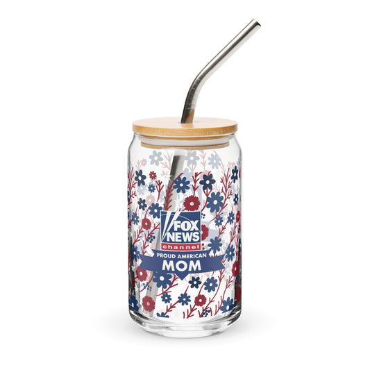 Official FOX News Proud American Mom can shaped glass on a clean suburban kitchen counter.