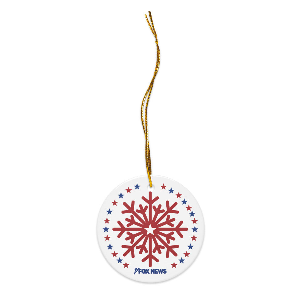 A close-up of a FOX News Holiday Snowflakes Ceramic Ornament showing the crisp logo placement and high-quality finish.