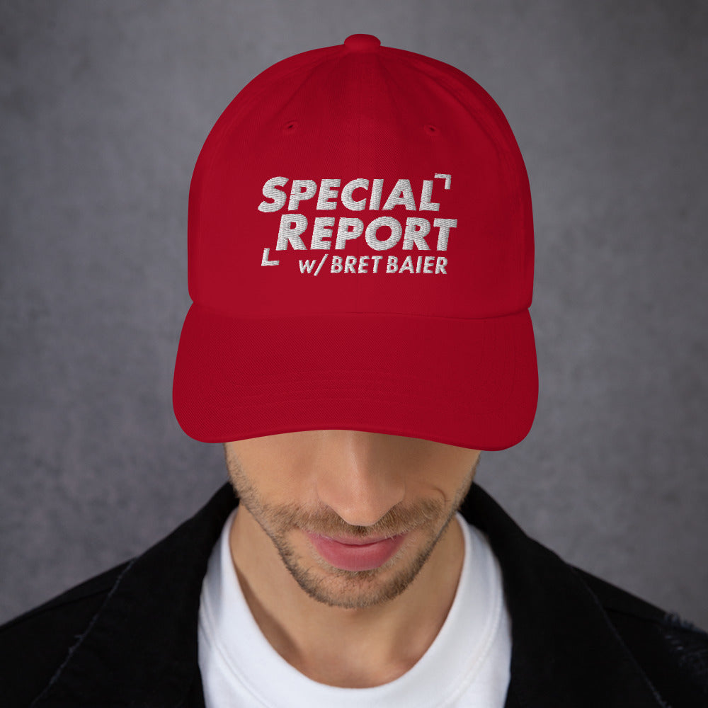 A detailed close-up shot of the FOX News Special Report with Bret Baier embroidered hat showcasing crisp front stitching and premium fabric texture.