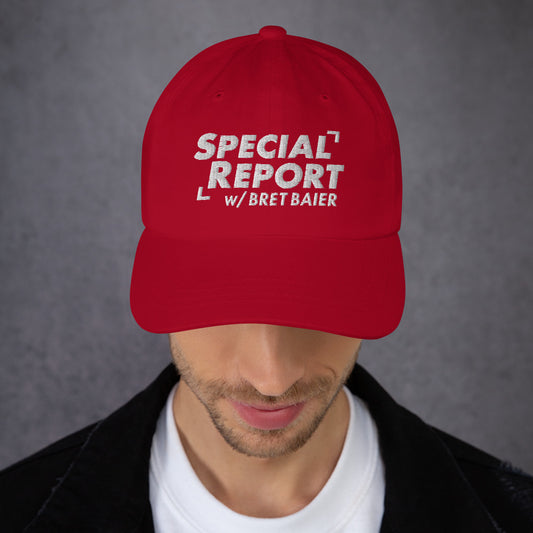 A detailed close-up shot of the FOX News Special Report with Bret Baier embroidered hat showcasing crisp front stitching and premium fabric texture.