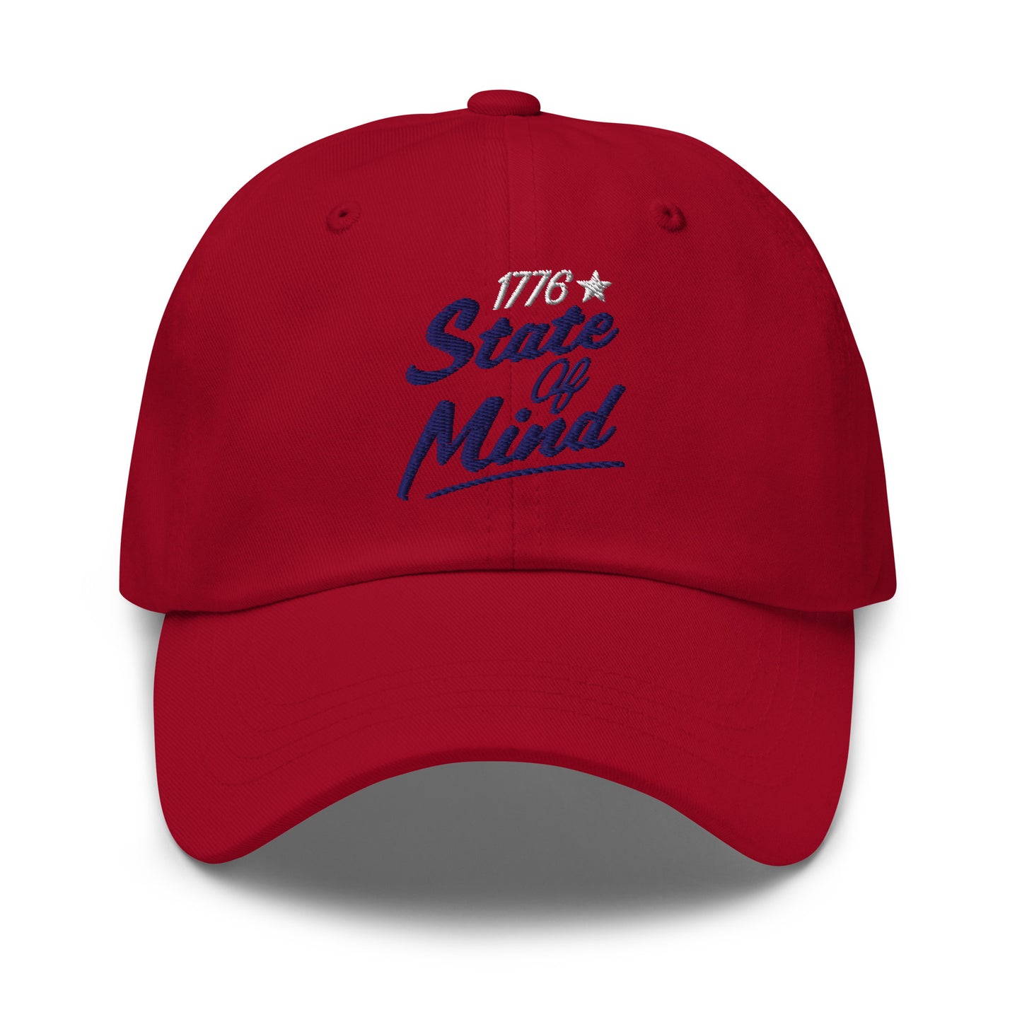 A close-up shot highlighting the detailed embroidery of the 1776 State Of Mind design on the front panel of the cap.
