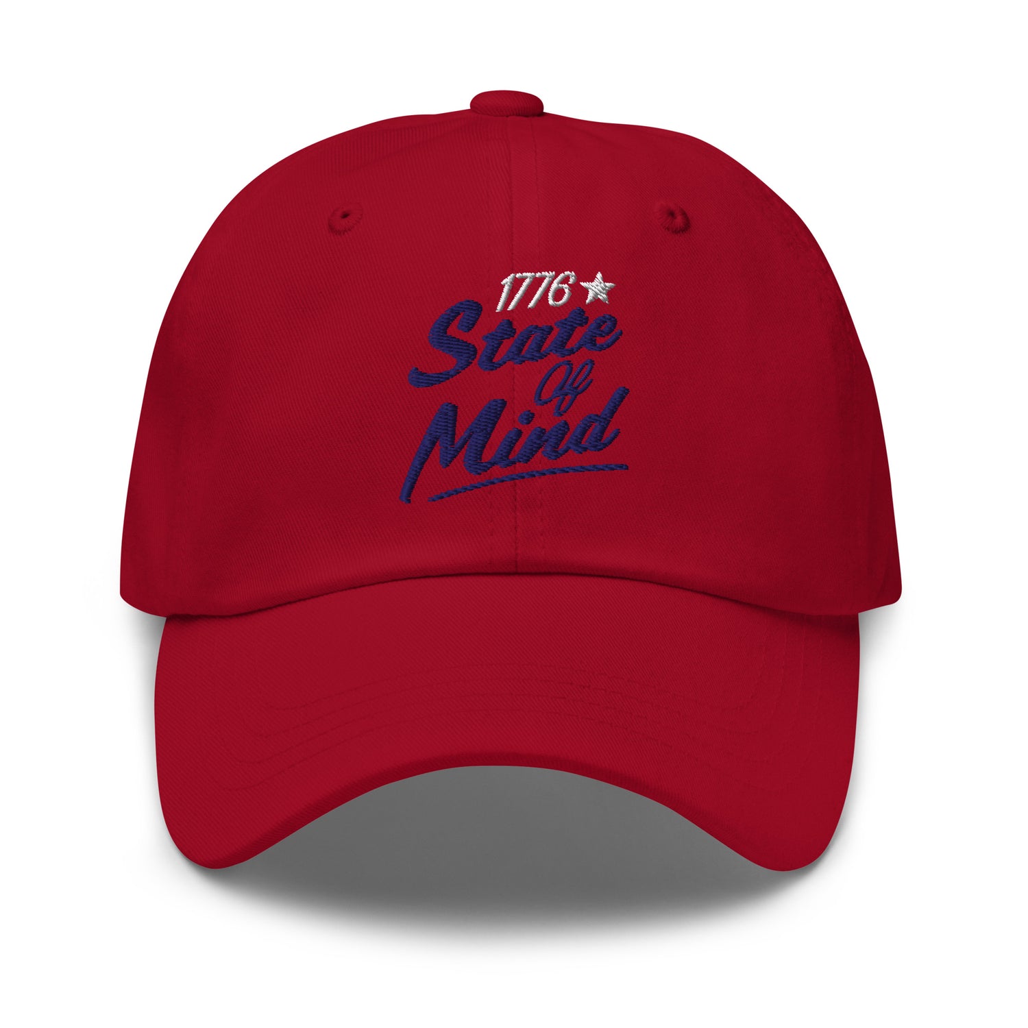 A close-up shot highlighting the detailed embroidery of the 1776 State Of Mind design on the front panel of the cap.