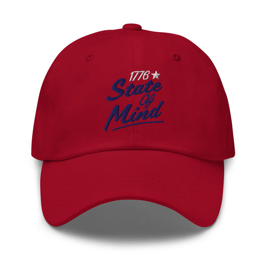 A close-up shot highlighting the detailed embroidery of the 1776 State Of Mind design on the front panel of the cap.