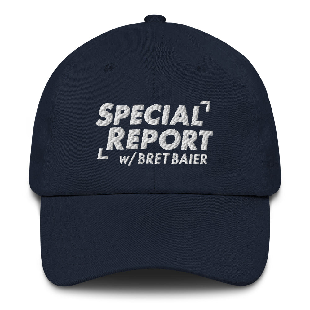 Side profile view of the FOX News Special Report with Bret Baier embroidered hat highlighting the curved brim and structured crown.