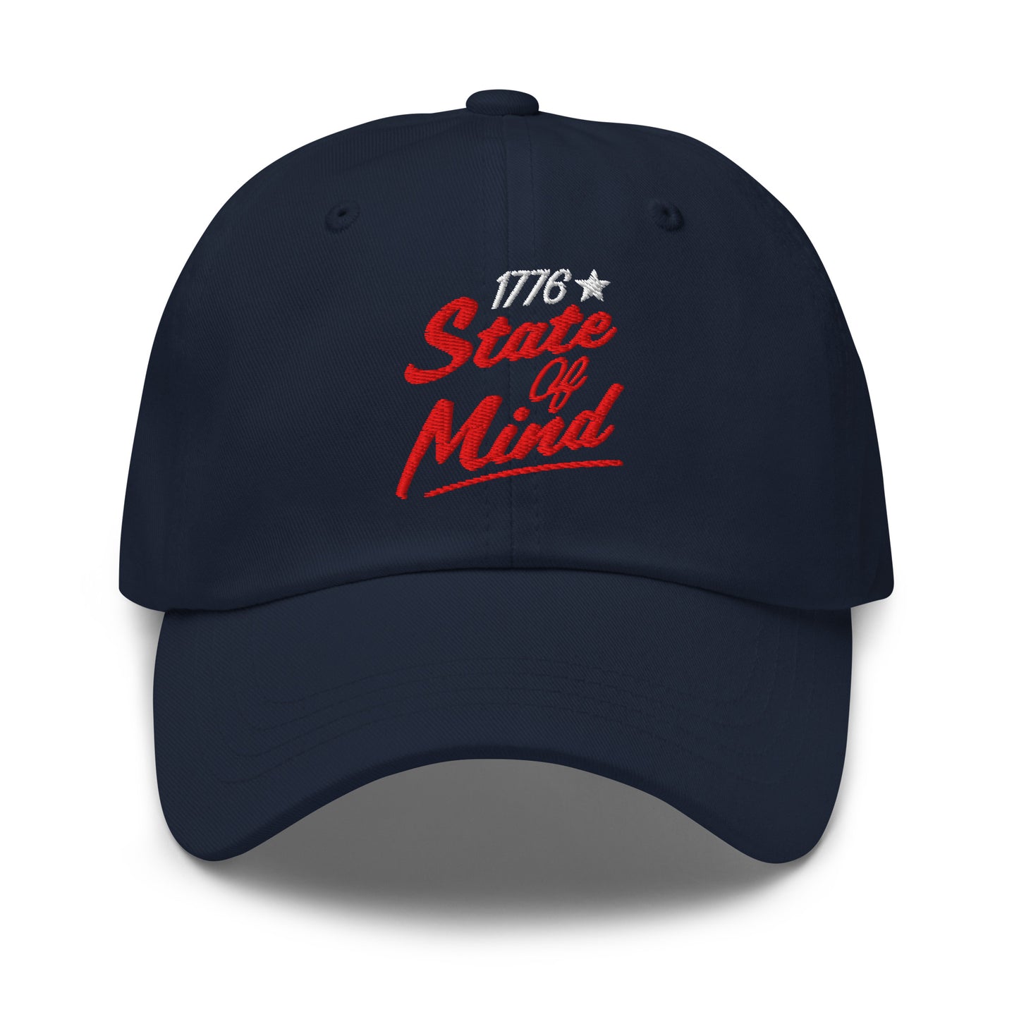 A crisp front view of the FOX News 1776 State Of Mind embroidered dad hat resting in a bright, modern American living room setting.