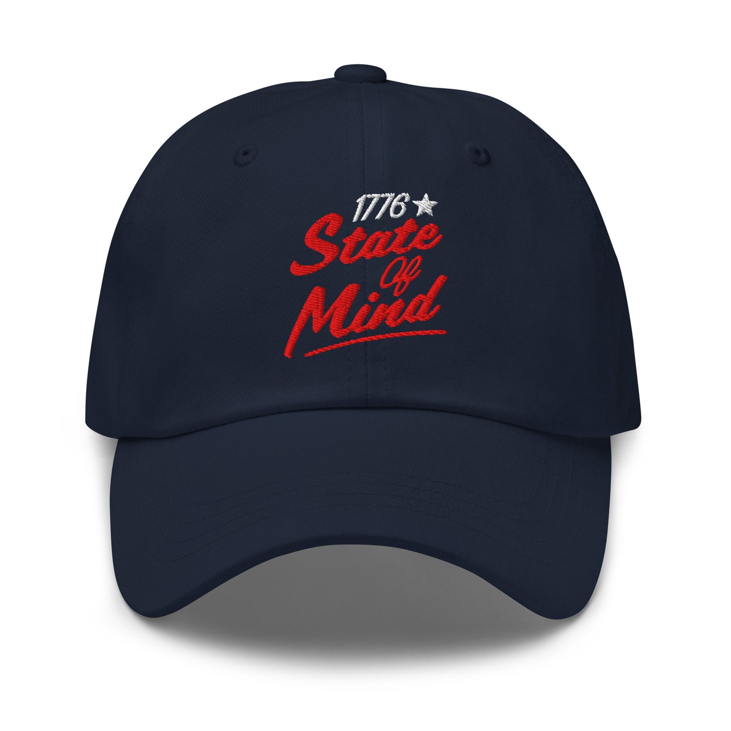 A crisp front view of the FOX News 1776 State Of Mind embroidered dad hat resting in a bright, modern American living room setting.