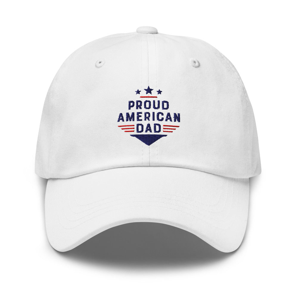 A white FOX News Proud American Dad Hat with bold blue and red text on a clean, modern American porch setting.
