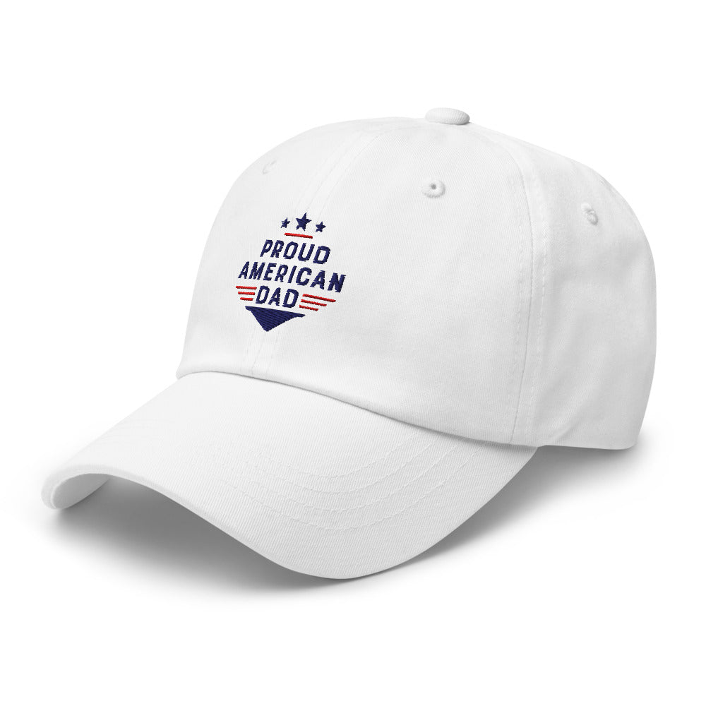 Close up of the embroidered FOX News logo and Proud American design on a premium white adjustable cap.