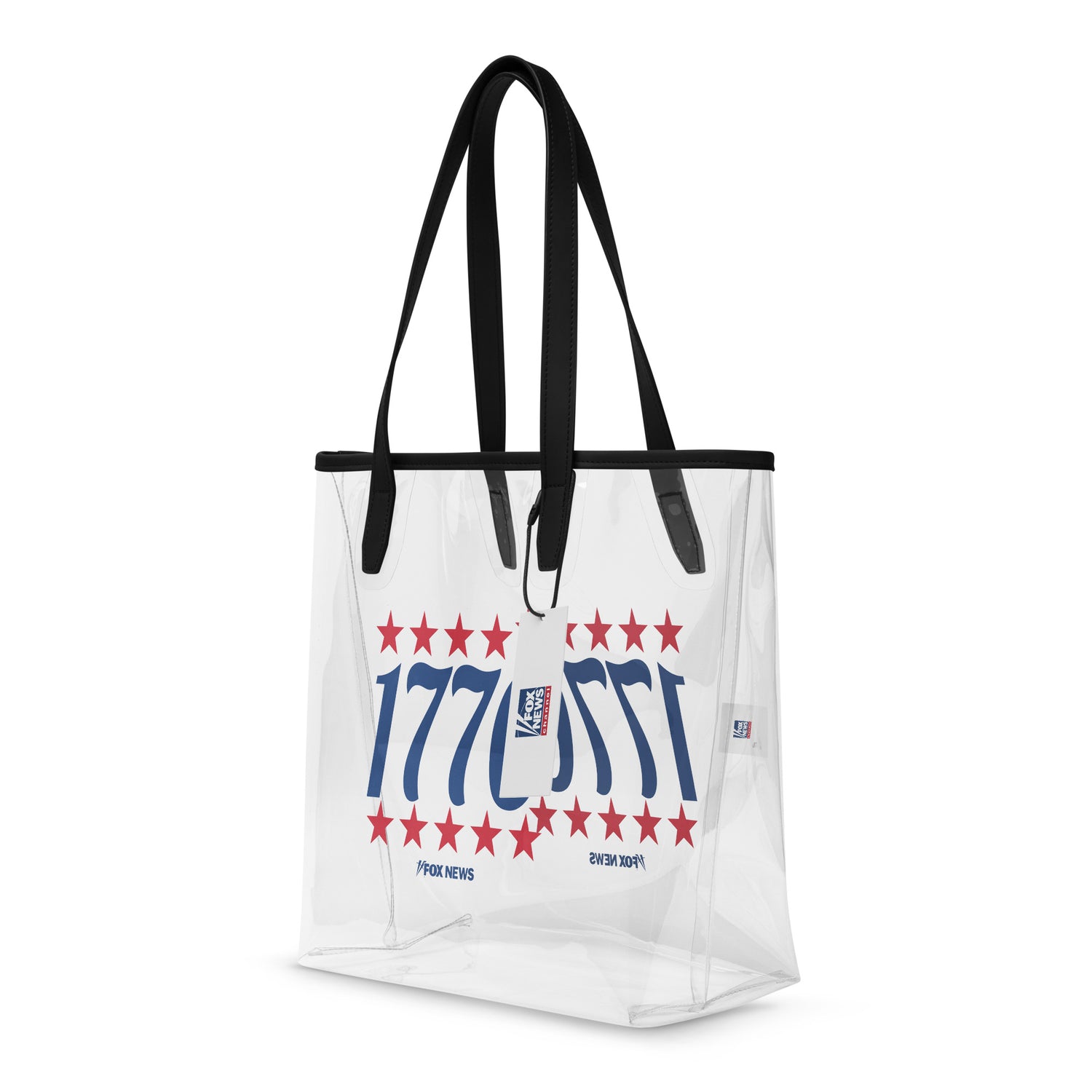 A person carrying the FOX News 1776 Clear Tote Bag outside a stadium, showcasing its functional design and patriotic style.