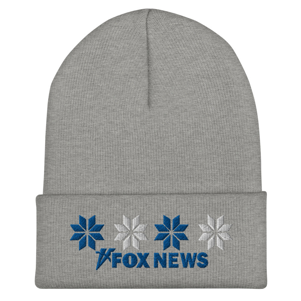 Close up of the high-quality embroidery on the *FOX News* Beanie, showcasing the detailed snow design and iconic logo.