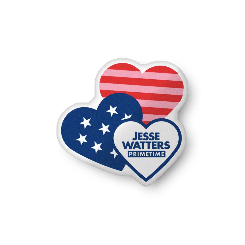 A soft Jesse Watters Primetime Hearts Pillow featuring a bold heart graphic displayed on a clean American living room sofa.