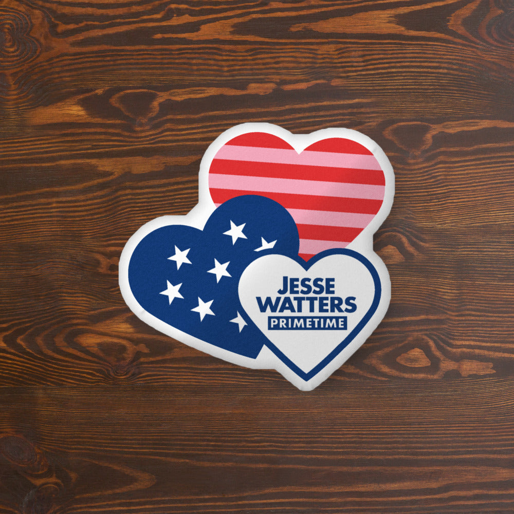 A close up view of the crisp Jesse Watters Primetime logo and heart design on a high-quality white throw pillow.