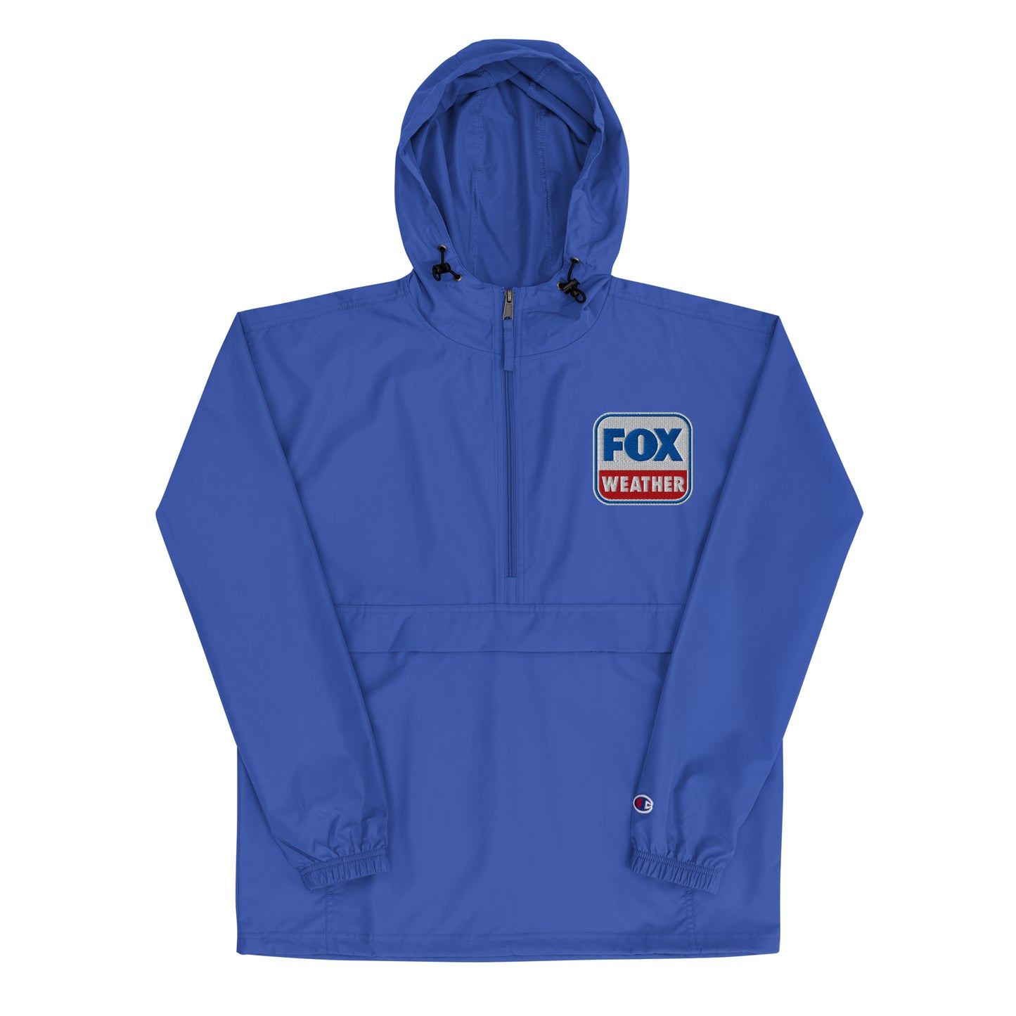 Official FOX Weather embroidered logo on a royal blue Champion packable jacket in a bright suburban backyard setting.