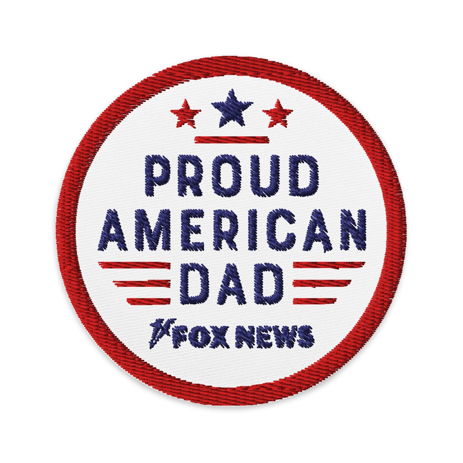 The circular FOX News Proud American Dad patch displayed proudly on a classic navy jacket in a bright American living room setting.