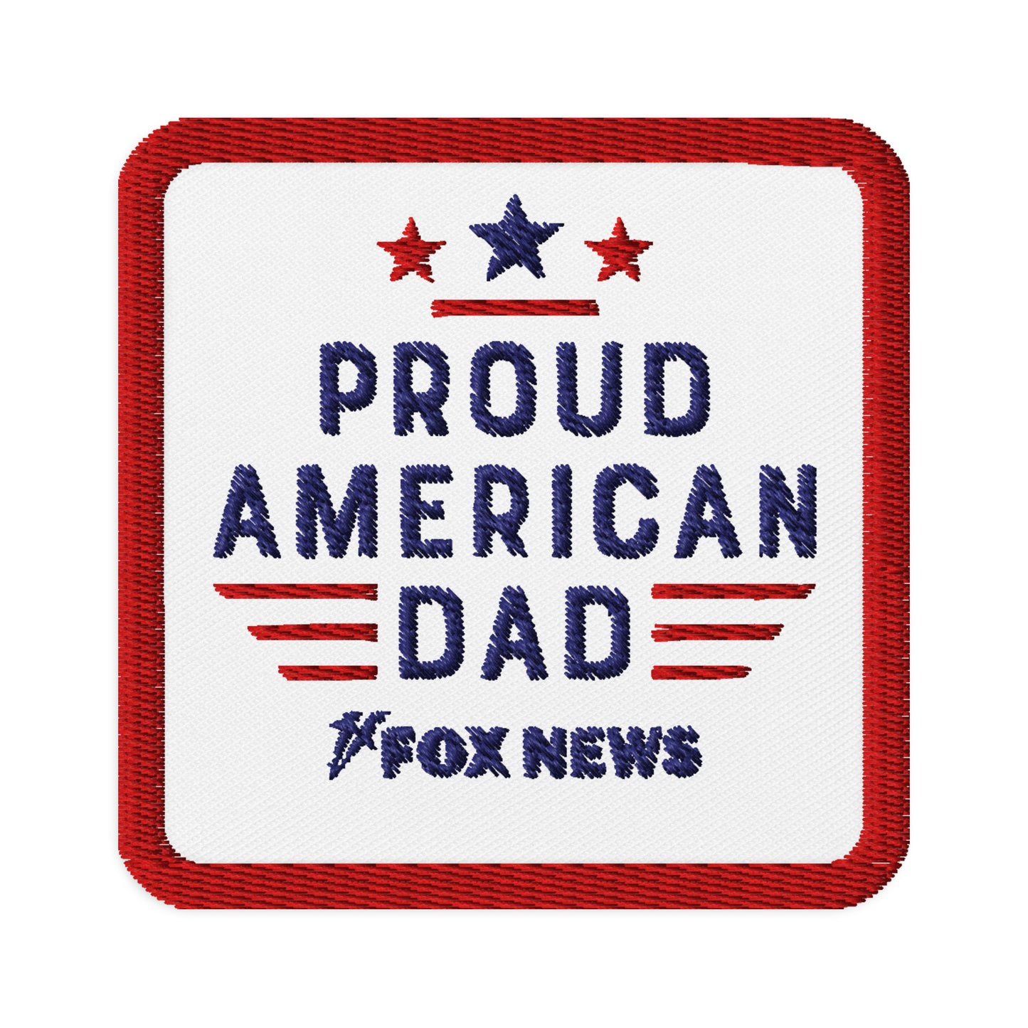 A neatly organized flat lay featuring multiple color and shape variants of the FOX News Proud American Dad patch.