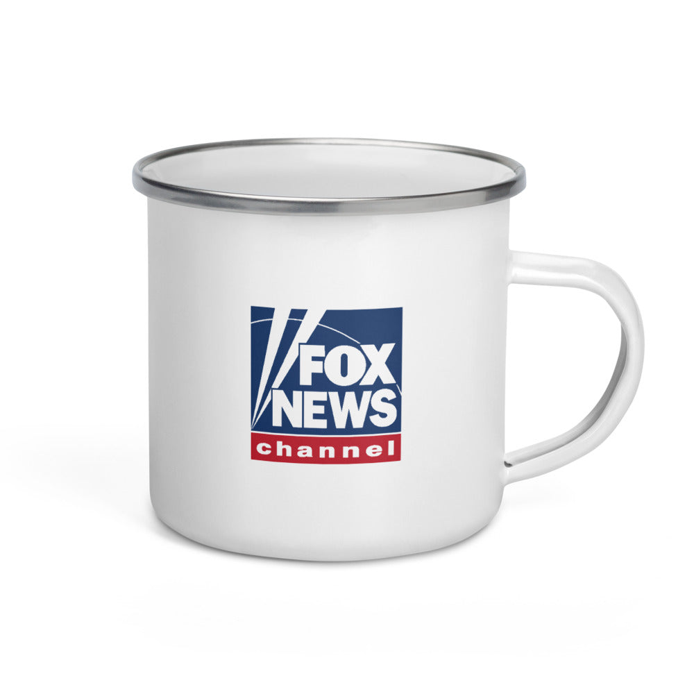 A close-up of a person holding the FOX News America enamel mug during a crisp morning in a suburban backyard setting.