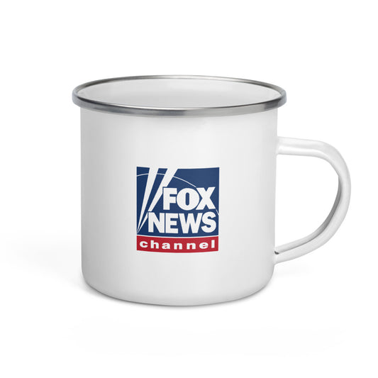 A close-up of a person holding the FOX News America enamel mug during a crisp morning in a suburban backyard setting.