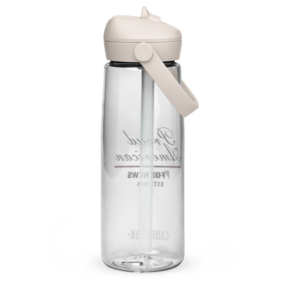 Detailed view of the leak-proof CamelBak bite valve and carry lid on the FOX News branded bottle.