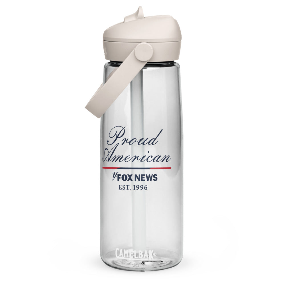 The FOX News CamelBak water bottle standing upright in a clean American kitchen setting.