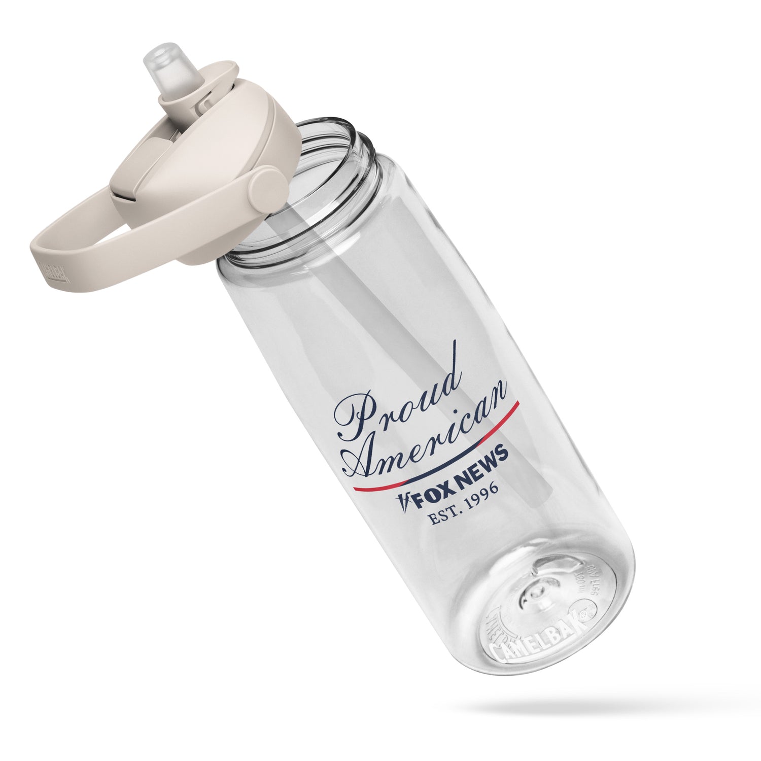 Close-up of the crisp FOX News Proud American logo on the side of the CamelBak water bottle.