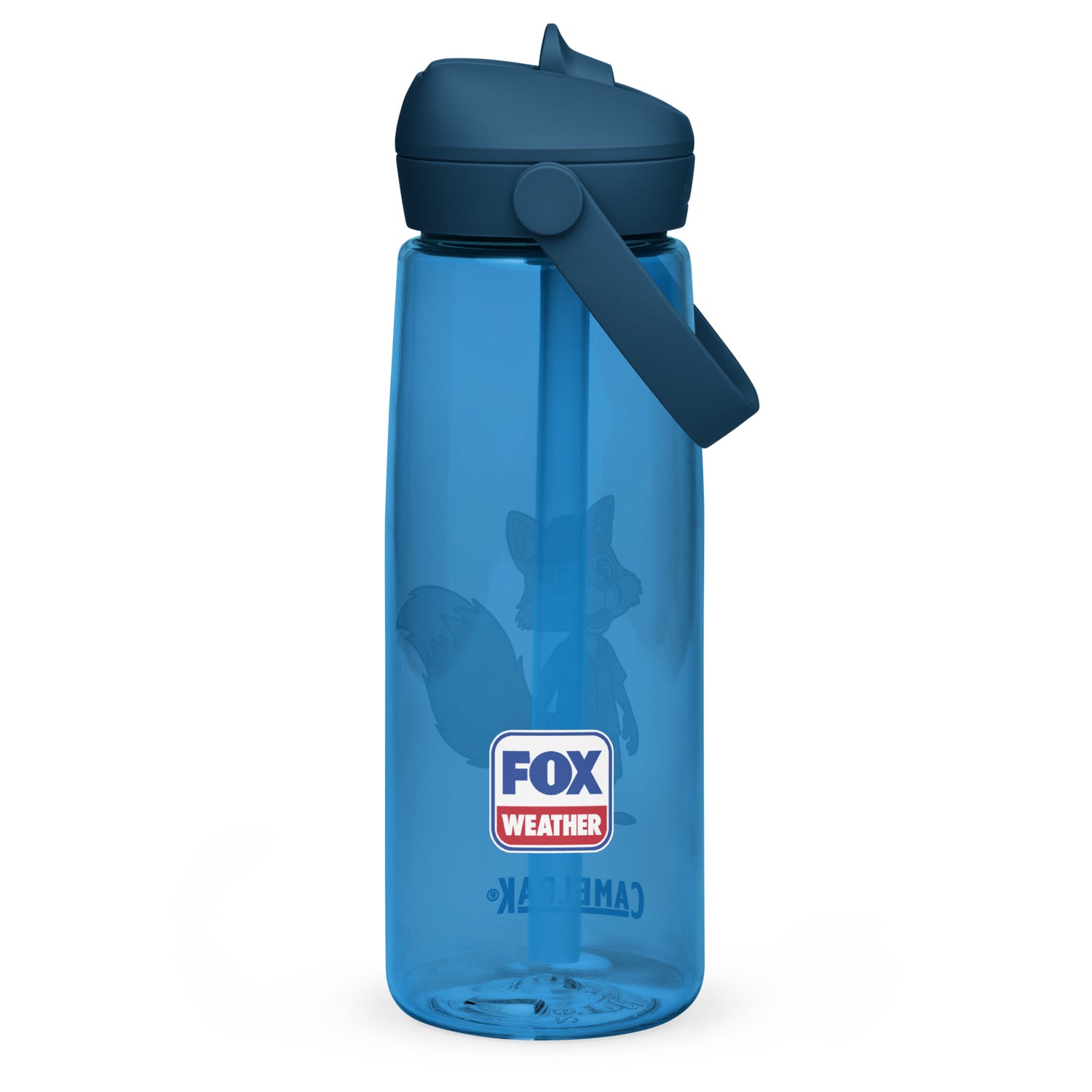 Close up of the *FOX Weather* logo and Sonny the mascot graphic on the white Camelbak water bottle.