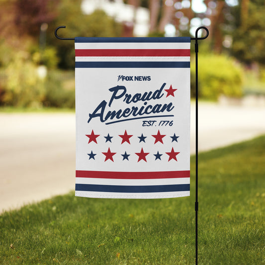 Close-up of the FOX News logo and Proud American Est. 1776 graphic on the high-quality fabric of the garden flag.