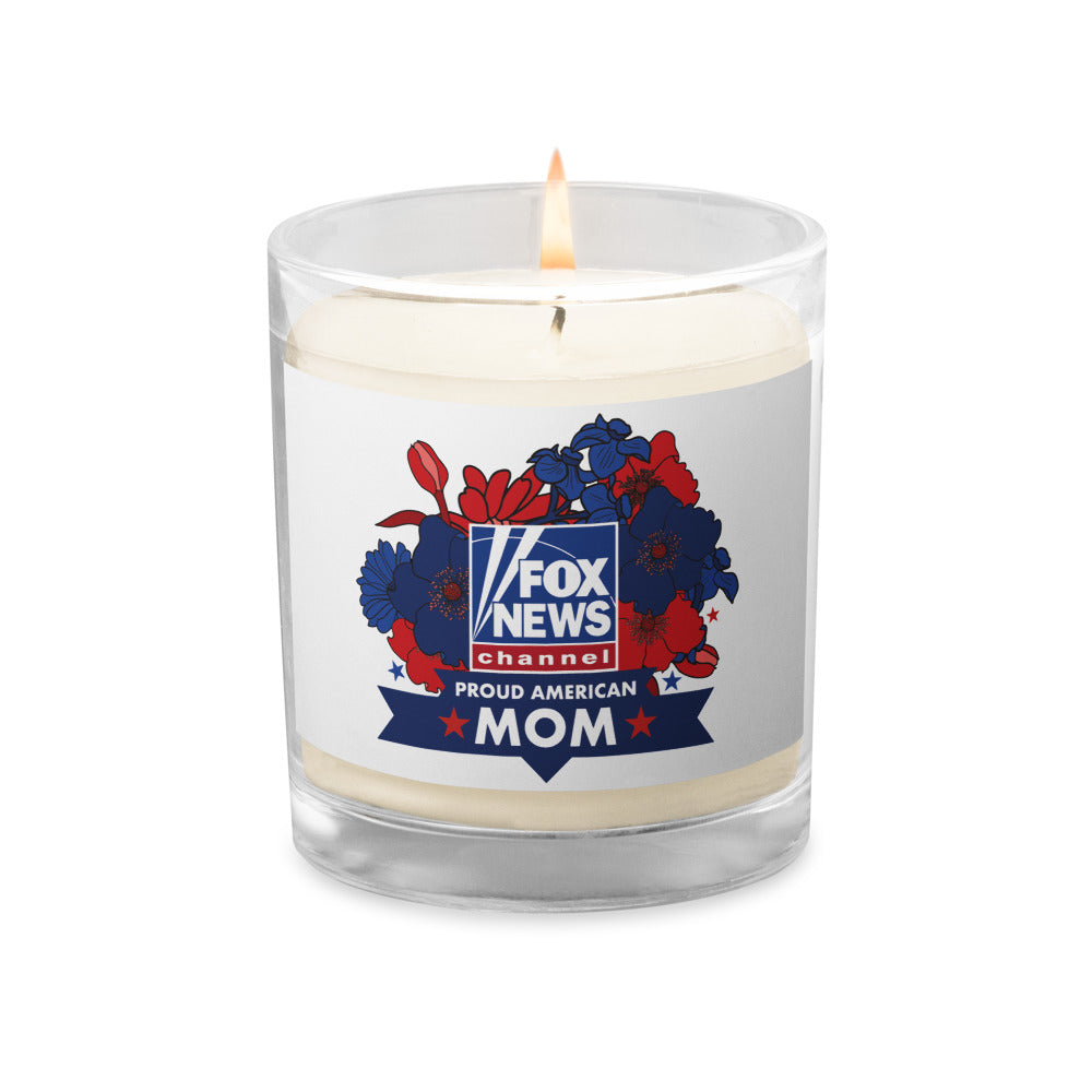 Close-up of the crisp FOX News logo and Proud American Mom graphic on a white glass jar candle with natural soy wax.