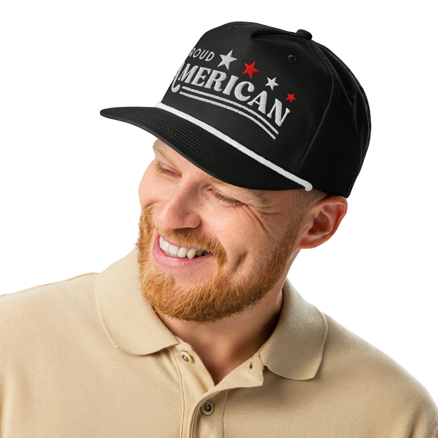 A patriot wearing the FOX News Proud American hat in a bright, outdoor lifestyle setting.