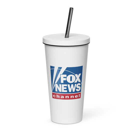 A crisp *FOX News* Logo 20 oz. Tumbler sitting on a clean wooden table in a suburban American backyard setting.