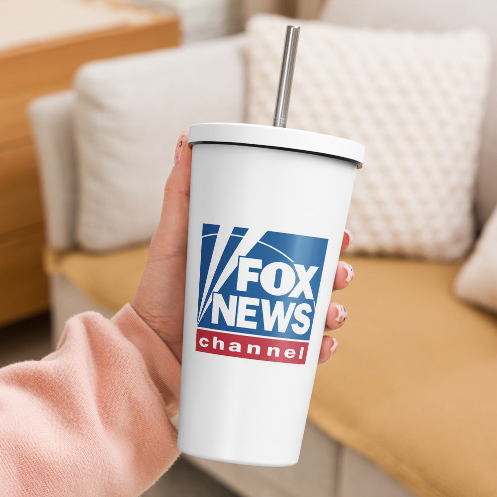 A close-up view of the official *FOX News* logo printed clearly on a high-quality stainless steel insulated tumbler.