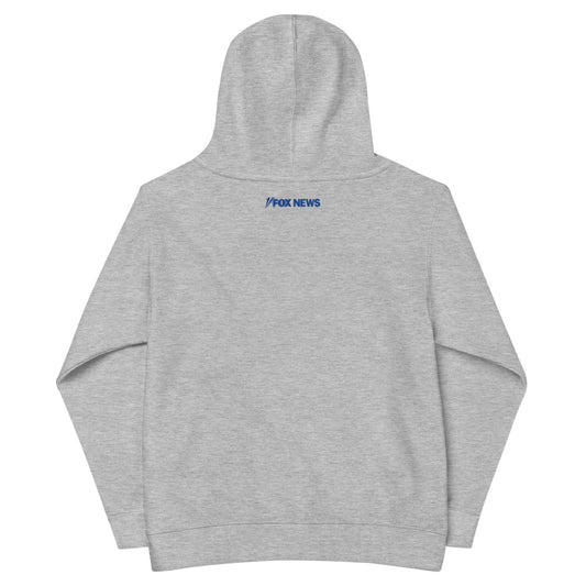 Close-up of the crisp FOX News Breaking News graphic on the front of a white kids hooded sweatshirt.