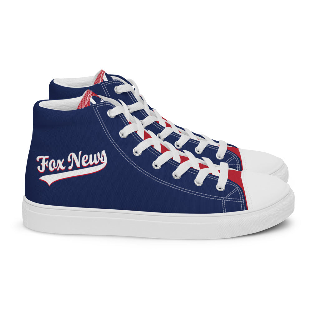A pair of FOX News sports logo men's high top canvas shoes displayed neatly on a clean wooden surface in a bright American home setting.