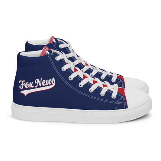 A pair of FOX News sports logo men's high top canvas shoes displayed neatly on a clean wooden surface in a bright American home setting.